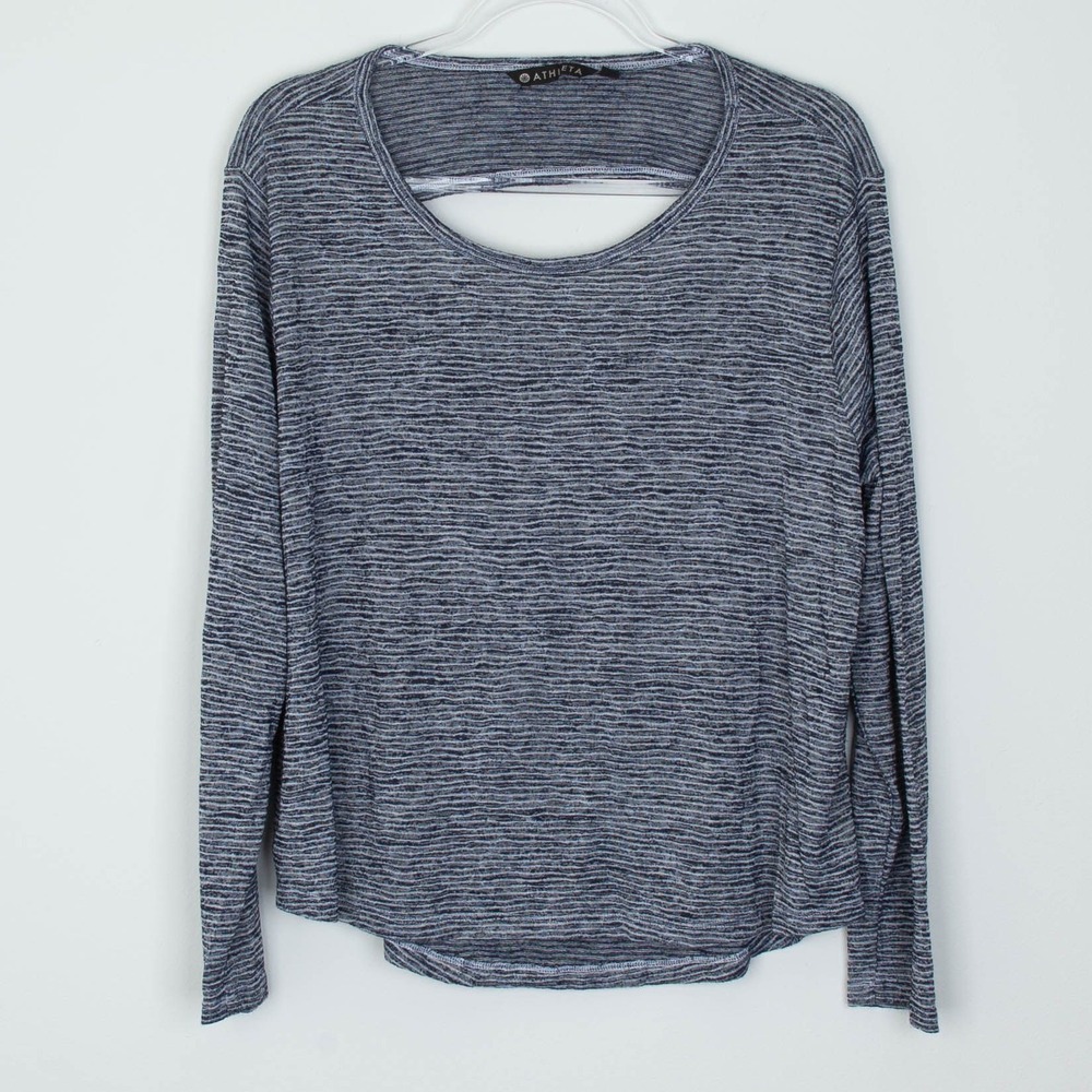 Athleta Womens Blue Striped Long Sleeve Cutout Back Top Size XL Athleisure Gym‎